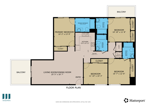 A floor plan of an apartment with a living room, dining room, and four bedrooms.